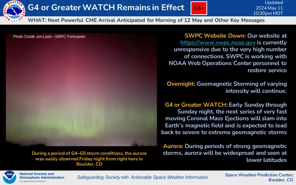 El servicio de predicción de tiempo espacial de la NOAA (@NWSSWPC) confirma que este domingo se alcanzará un nuevo pico de actividad geomagnética similar al del viernes. Máxima expectación de cara a la próxima noche y madrugada. #AuroraBoreal