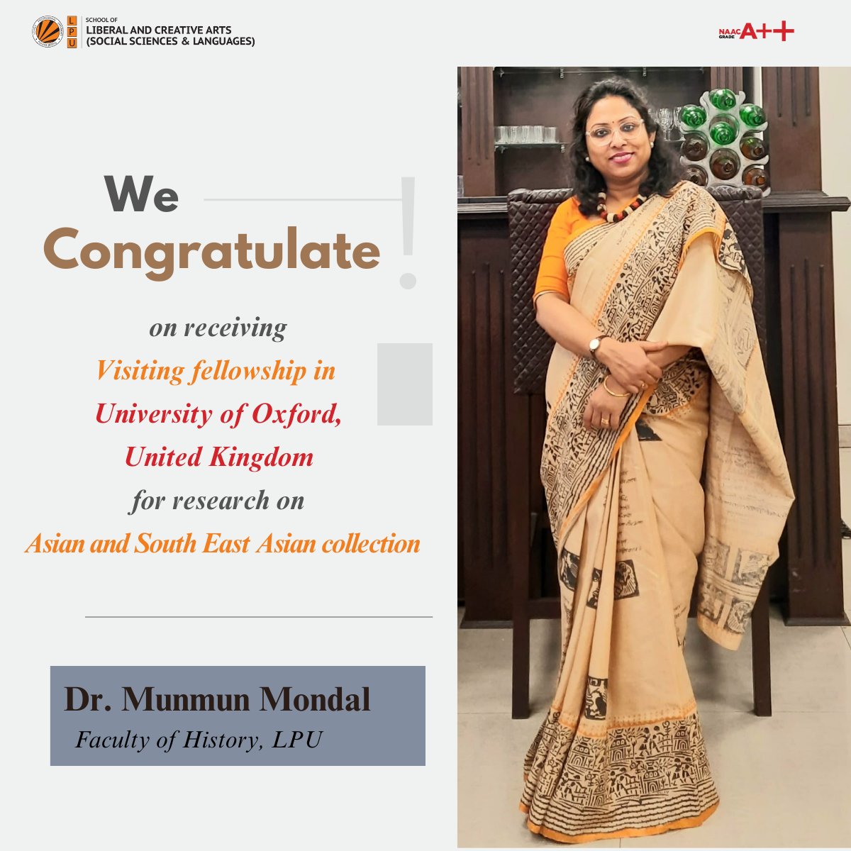 It is our immense pleasure to share that Dr Munmun Mondal, a faculty at Department of History, LPU  has received 2024-25 Visiting fellowship in University of Oxford, United Kingdom for research on Asian and South East Asian collection. 
#lpu #socialsciencesatlpu #thinkbig