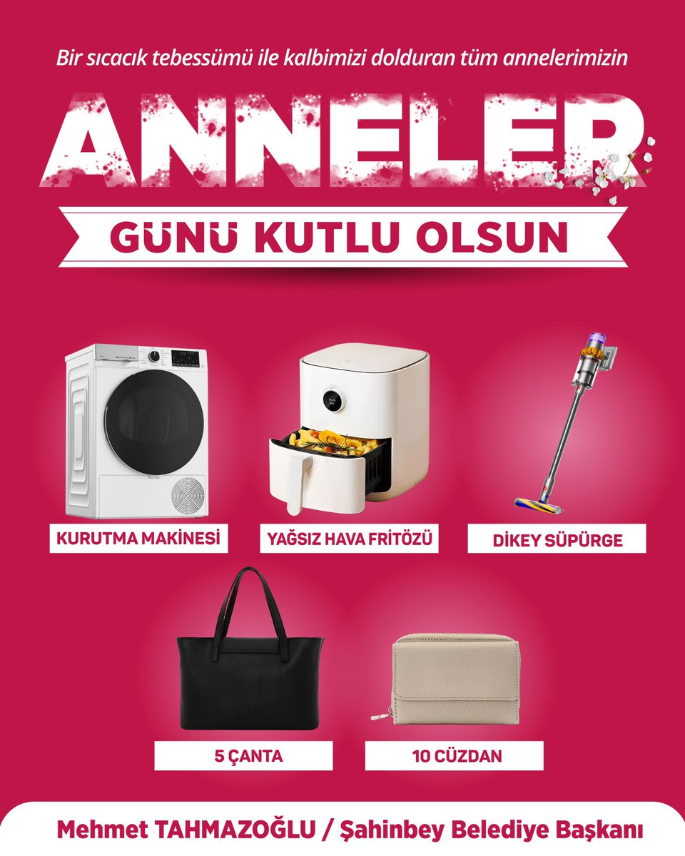 Kıymetli hemşehrilerim,

Başımızın tacı annelerimize, ‘Anneler Gününe’ özel ödüllü bir etkinlik hazırladık.

Etkinliğe katılmak için;

📱 <a href="/mtahmazoglu/">Mehmet Tahmazoğlu 🇹🇷</a> hesabını takip et
✅ Gönderiyi beğen ve RT yap
🔁 1 arkadaşını etiketle

Etkinliğe katılanlar arasından yapacağımız kura ile