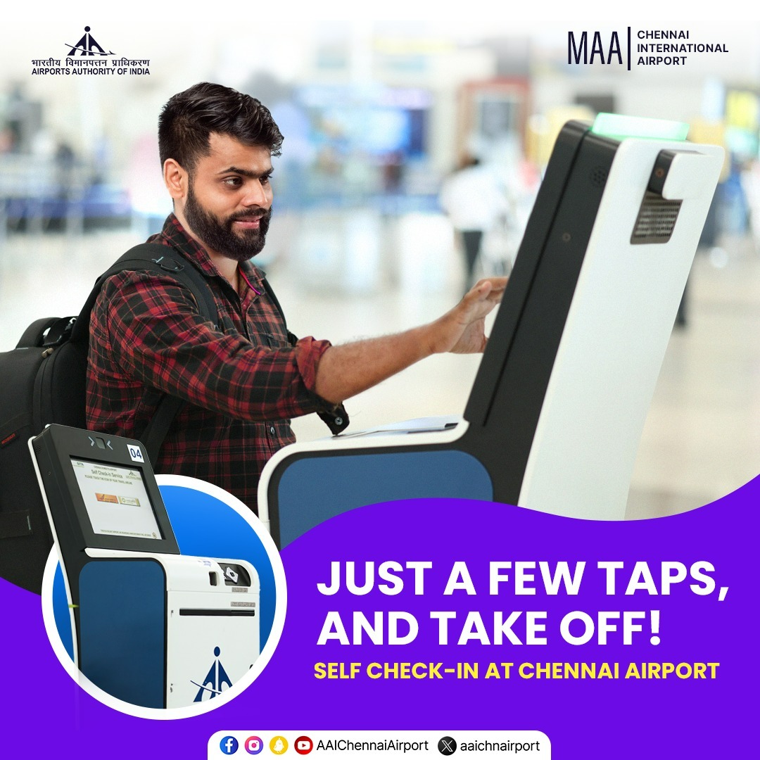Forgot to check-in online? Make use of the self check-in kiosks at Chennai Airport and avoid long queues for a smoother start to your journey. #ChennaiAirport @AAI_Official | @MoCA_GoI