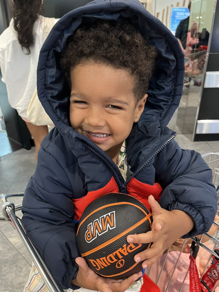 This is what happens when you allow @m_riwoe free access to shops + grandkids. One very happy boy who chose his own jacket and ball, knew exactly what he wanted, and would not be dissuaded. 🤣🙏🥰🧑🏽‍🦲🏀 (One very happy girl chose an alarm clock ⏰ ).