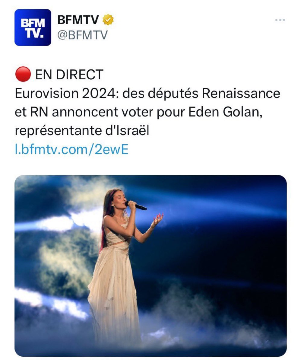 - Ce sont les mêmes qui nous reprochaient de demander qu’Israël soit exclu de l’Eurovision, en prétendant que ce concours est absolument apolitique ? - Tiens, le RN préférait qu’un autre pays que la France l’emporte? Oubliés, patriotisme et préférence nationale ?