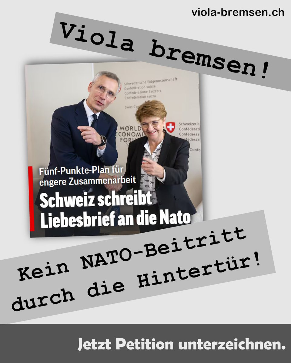 Unter Ausschluss der Öffentlichkeit hat die Schweiz eine Absichtserklärung für eine engere Zusammenarbeit mit der NATO unterzeichnet. Dies tangiert eindeutig die Neutralität der Schweiz. Deshalb «Viola bremsen» und Petition unterzeichnen. viola-bremsen.ch