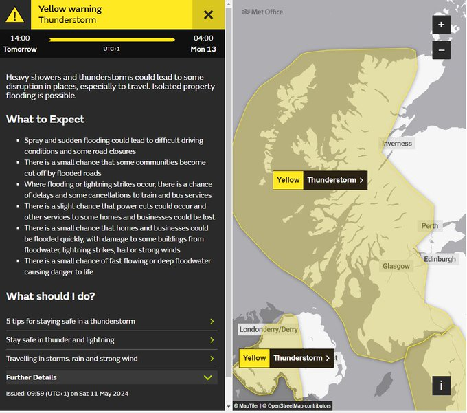 ⚠️YELLOW WEATHER WARNING⚠️ The @metoffice have issued a ⚠️YELLOW⚠️ weather warning across parts of Scotland. ⛈️THUNDERSTORMS 12/5 14:00 - 13/5 03:00 More info: bit.ly/3yeOR8a Travel advice: bit.ly/3FesQ9m