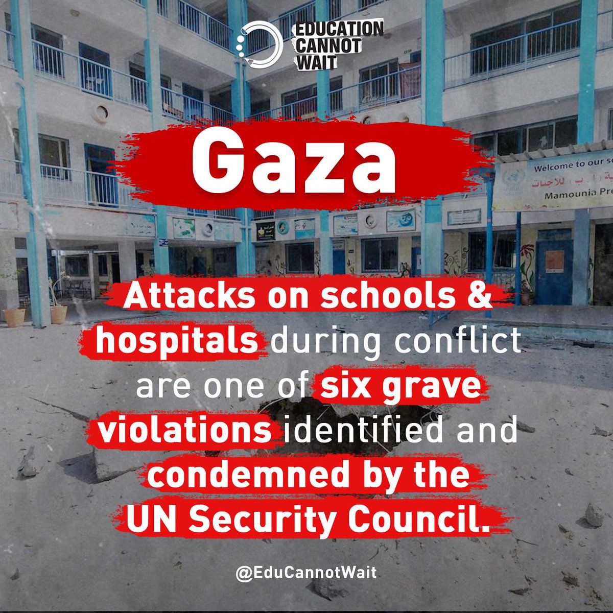 Attacks on schools & hospitals during conflict are one of six grave violations identified and condemned by the @UN Security Council. Schools, teachers, children, hospitals: #NotATarget @un @unrwa @ungeneva @gcpeatweets @unrwausa @noradno @unrwa_eu @dfat @unocha #Ceasefire_Now