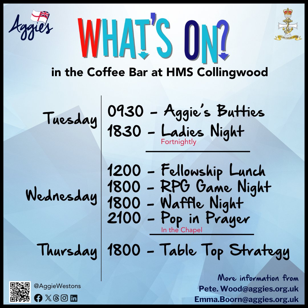 What's on at HMS Collingwood? Take a look! For more information contact Emma.Boorn@aggies.org.uk or Pete.Wood@aggies.org.uk. There are also exciting special events run from time to time so keep your eyes on our socials and around camp!