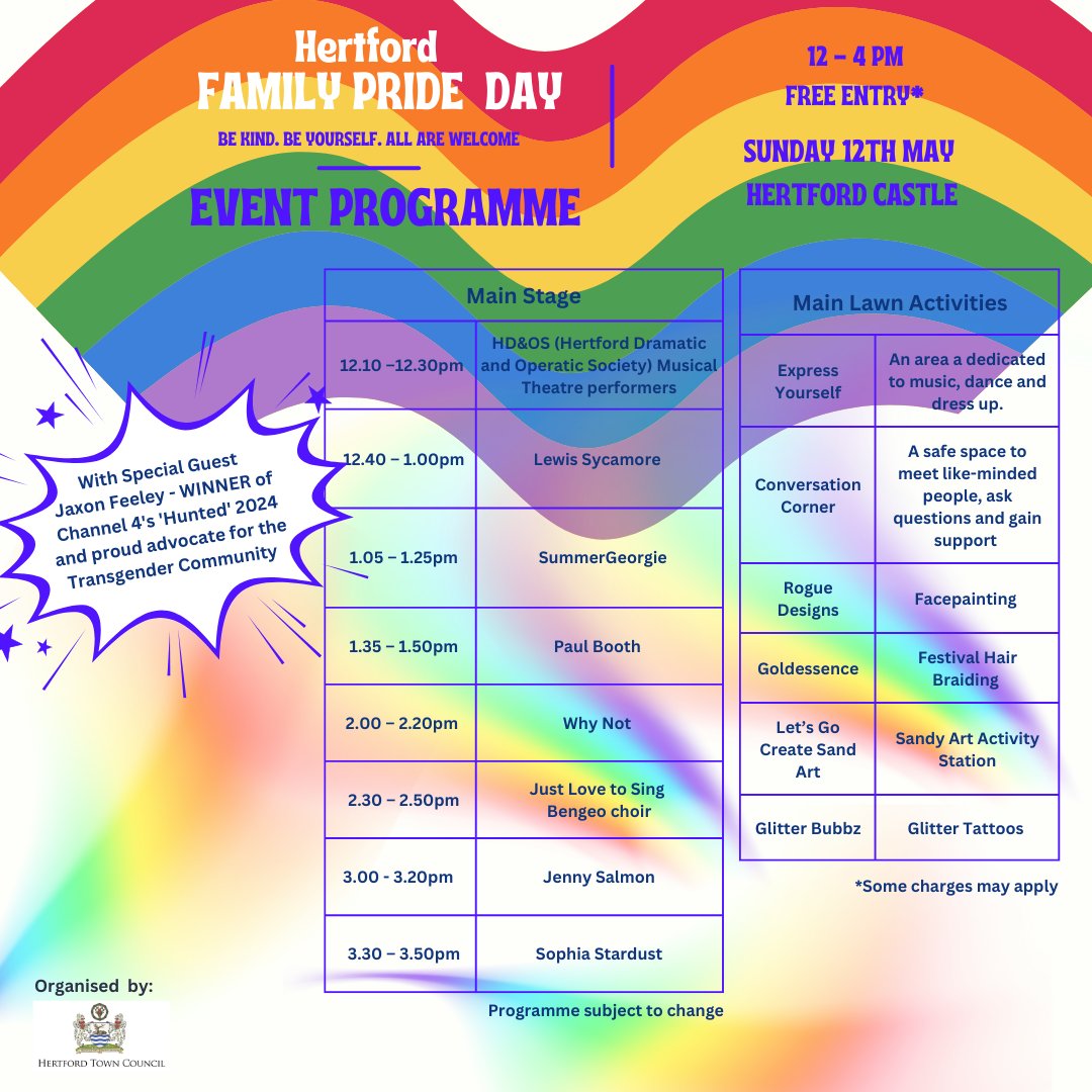Hertford Town Council (@hertfordtc) on Twitter photo Head down to <a href="/hertfordcastle/">Hertford Castle</a> from 12pm today for Hertford's FIRST Family Pride Day - a celebration of diversity and inclusion, where the message is simple: "Be Kind. Be Yourself. All Are Welcome" 🏳️🌈🏳️⚧️Event info at ow.ly/f2uE50RziOx
#whatsoninhertford #hertfordpride Head down to <a href="/hertfordcastle/">Hertford Castle</a> from 12pm today for Hertford's FIRST Family Pride Day - a celebration of diversity and inclusion, where the message is simple: "Be Kind. Be Yourself. All Are Welcome" 🏳️🌈🏳️⚧️Event info at ow.ly/f2uE50RziOx
#whatsoninhertford #hertfordpride
