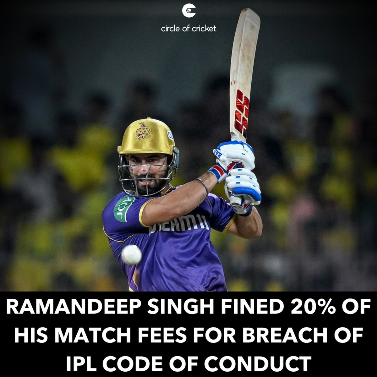 #KolkataKnightRiders all-rounder #RamandeepSingh was fined 20% of his match fees for breaching the IPL code of conduct during the clash against #MumbaiIndians. #IPL2024 #KKRvMI #KKR