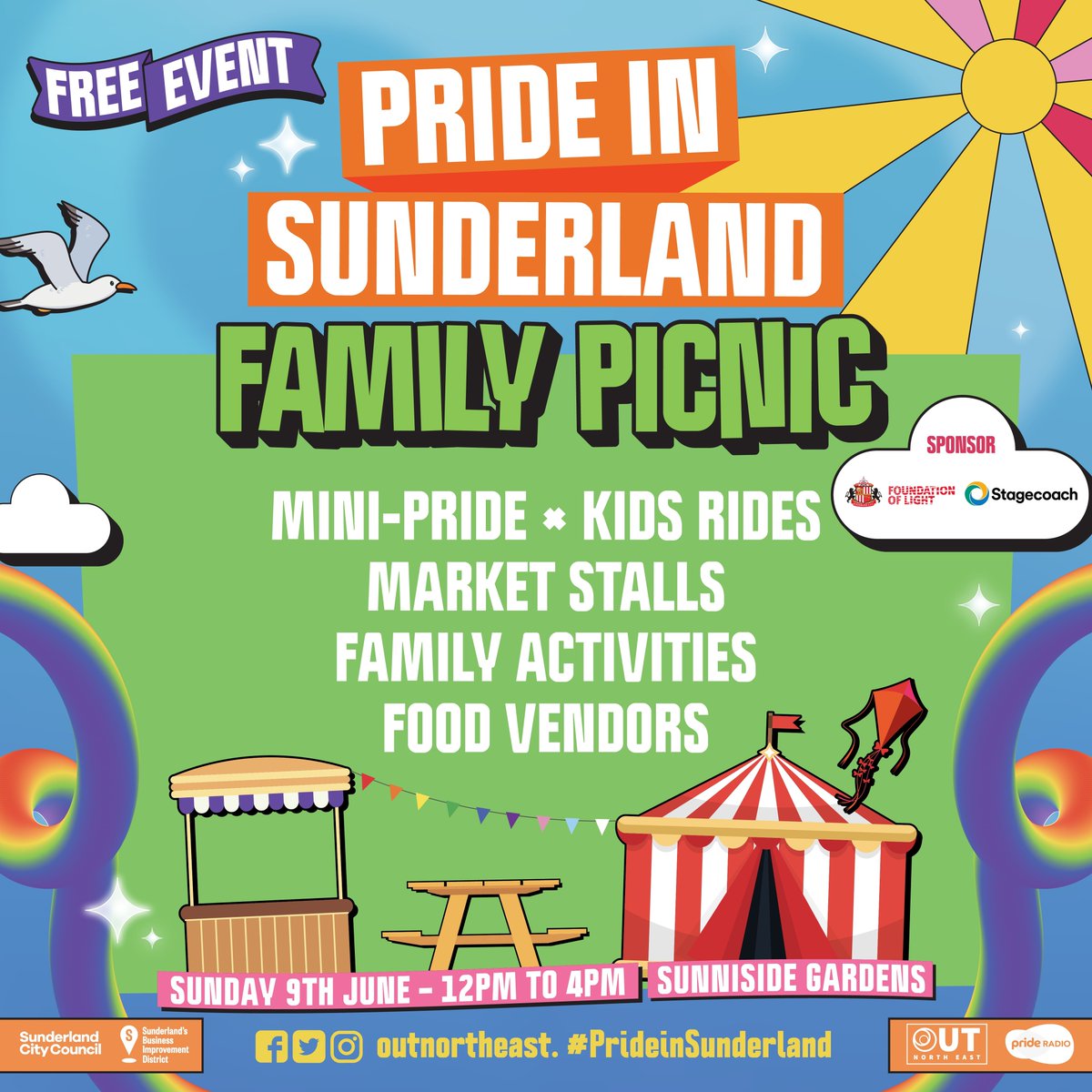Pride in Sunderland Family Picnic! 🌈 Join us as we turn Sunniside Gardens into a family pride picnic arena with a mini-pride, music, activities, craft stalls, story corner, kids rides, market stalls, food vendors and more. orlo.uk/tcAOs