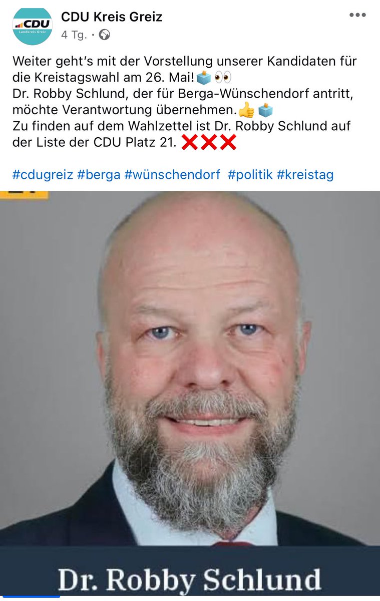 Bis 2021 war Robby Schlund AfD-Bundestagsabgeordneter, Mitglied des rechtsextremen „Flügels“ und Initiator der Plakate für Corona-Demos, die u.a. Merkel, Spahn & Drosten als Sträflinge darstellten. 2024 stellt ihn die CDU im Landkreis Greiz (Thüringen) für die Kommunalwahlen auf.