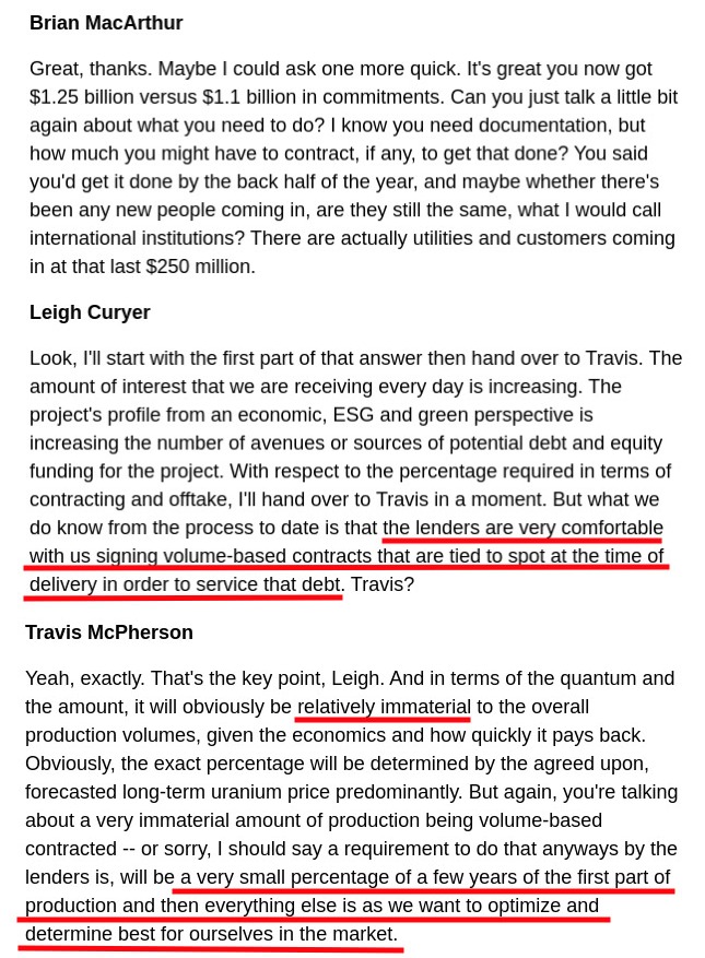 PraiseKek's tweet photo. $NXE  🇨🇦  Q4 2023 Conference Call
1/10

Leigh: "Lenders are very comfortable with volume-based contracts tied to spot prices."

Travis: "The amounts required will obviously be relatively immaterial. A very small percentage of a few years of the first part of production." https://t.co/yYPIIg3uSC