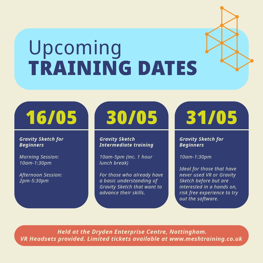 🚨 New training dates announced! 🚨
Our next set of in-person Gravity Sketch training sessions are now live on our site: meshtraining.co.uk!  

Use code 'MESH10' for 10% off at checkout on all courses!  

#gravitysketchtraining #learngravitysketch #VirtualReality #Meta #VR
