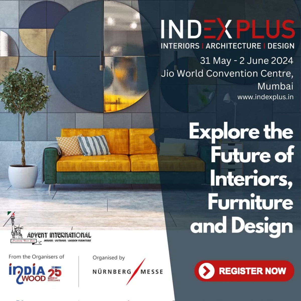 Mumbai! Get ready to be amazed!  Indexplus is hosting a 3-day design extravaganza featuring Advent International, from May 31st to June 2nd at Jio World Convention Centre.
Register now and don't miss out! 
#DesignInspo #Indexplus #JioWorldCentre #Mumbai #AdventInternational