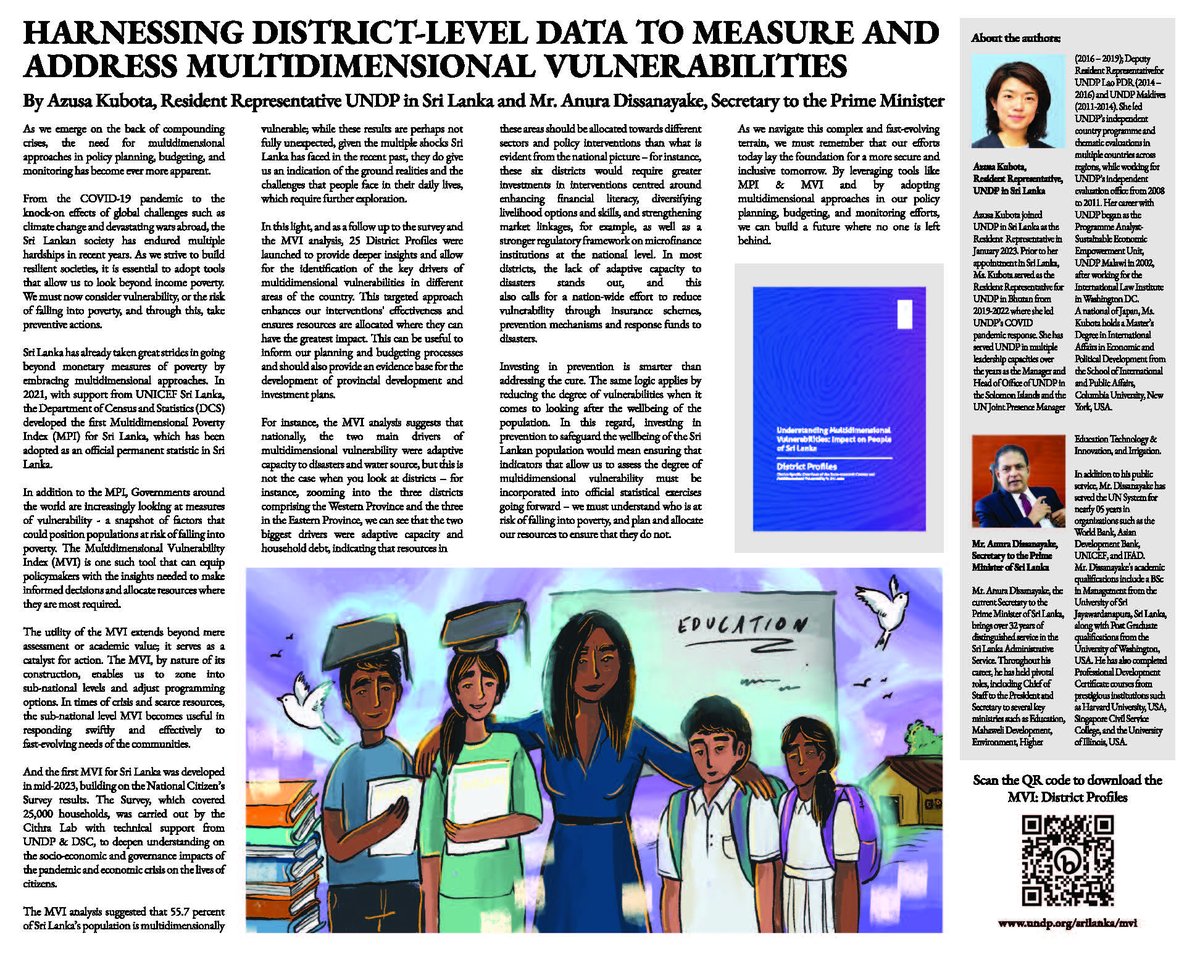 In the @TimesOnlineLK tdy, @AzusaKubota ResRep @UNDP #SriLanka & Mr. Anura Dissanayake, Secy to the PM #lka explore 'Harnessing District-Level Data to Measure & Address Multidimensional Vulnerabilities' as per UNDP's MVI District Profiles Report READ MORE: bit.ly/4dMOEcW