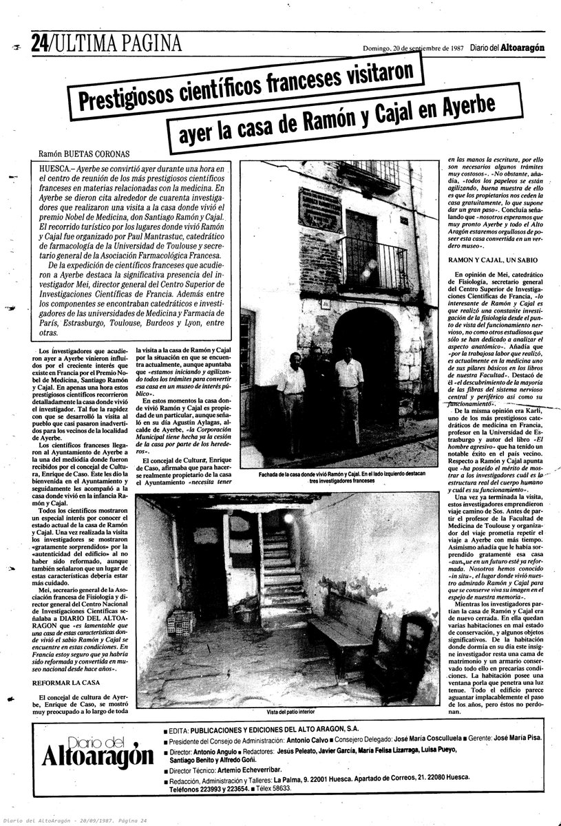 El 19 de septiembre de 1987 unos cuarenta científicos franceses visitaron la casa donde vivió #RamónyCajal en #Ayerbe como nos cuenta el @altoaragon 
#cajal #ramonycajal