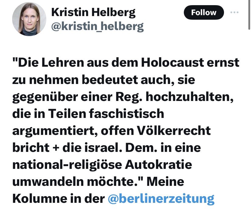 Kristin will den Juden die Lehre aus dem Holocaust erklären, während der einzige jüdische Staat auf der Welt aus Süden & Norden beschossen wird und überall auf der Welt Juden beleidigt und bedroht werden.
Und der Höhepunkt ist - sie betitelt sich als “Nahostexpertin”.
KEIN Witz.
