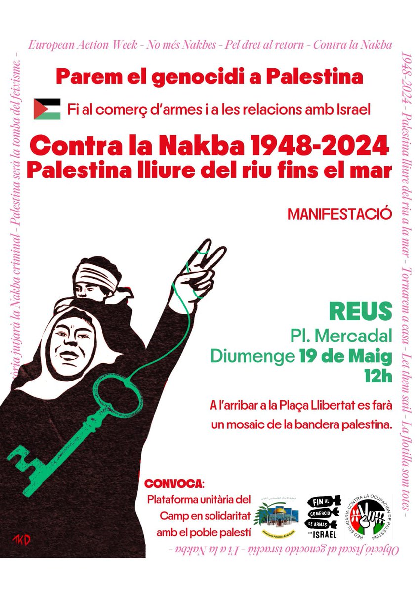 🇵🇸 MANIFESTACIÓ A REUS PER LA FI AL COMERÇ D'ARMES I A LES RELACIONS AMB ISRAEL 🗓️ Diumenge 19 de maig 🕒 12h 📍 Plaça Mercadal (fins Pl. Llibertat, on es repeesentarà la bandera palestina) ✊🏽 #AturemElGenocidi