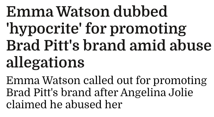 “Collaborating with/promoting with a man who has been credibly accused of domestic abuse as the United Nations Women Goodwill Ambassador since 2014 is definitely a huge pivot from how she has presented herself,” 

@EmmaWatson promoting 
#BradPittIsAnAbuser Pitt’s gin
@HeForShe