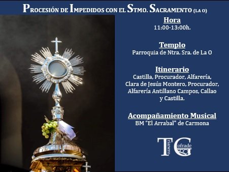 📆 #AgendaTC | Hoy procesión de impedidos con el Stmo. Sacramento de la @hermandaddelao. ⛪ Parroquia de Ntra. Sra. de La O 🕚 11:00-13:00h. 🥁 @ArrabalCarmona #SacramentalesSevilla24 #TDSCofrade #TrianeroCofrade