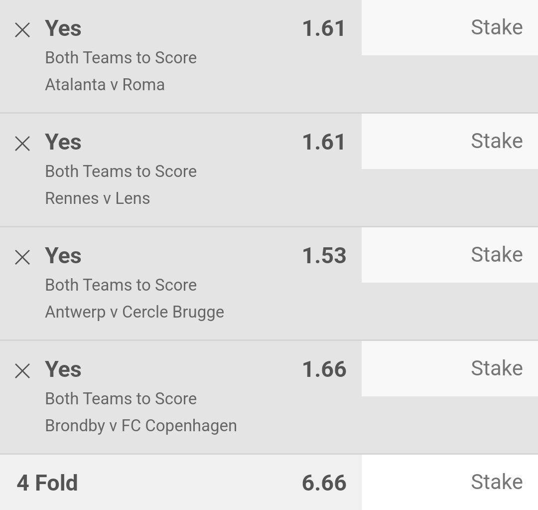 BTTS ACCA 💥 

@ 6.66

Italy 🇮🇹
France 🇫🇷
Belgium 🇧🇪
Denmark 🇩🇰

#BTTS