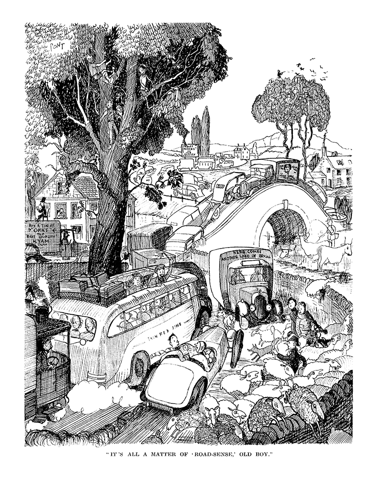 A sunny day, nothing to do, a chance to get out...#PONT, from the 1936 @PunchBooks Summer number: 'IT'S ALL A MATTER OF 'ROAD SENSE', OLD BOY.' #excursion #summer #roadtrip #traffic #jam