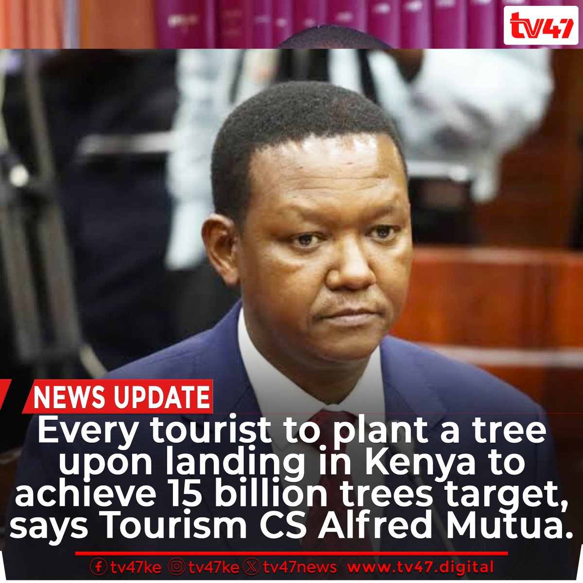 Tourism CS Alfred Mutua says plans are underway to ensure each tourist that visits Kenya plants a tree. The government will collaborate with tourism agencies to ensure this initiative, 'One Tree per Tourist' is successful. #TV47News