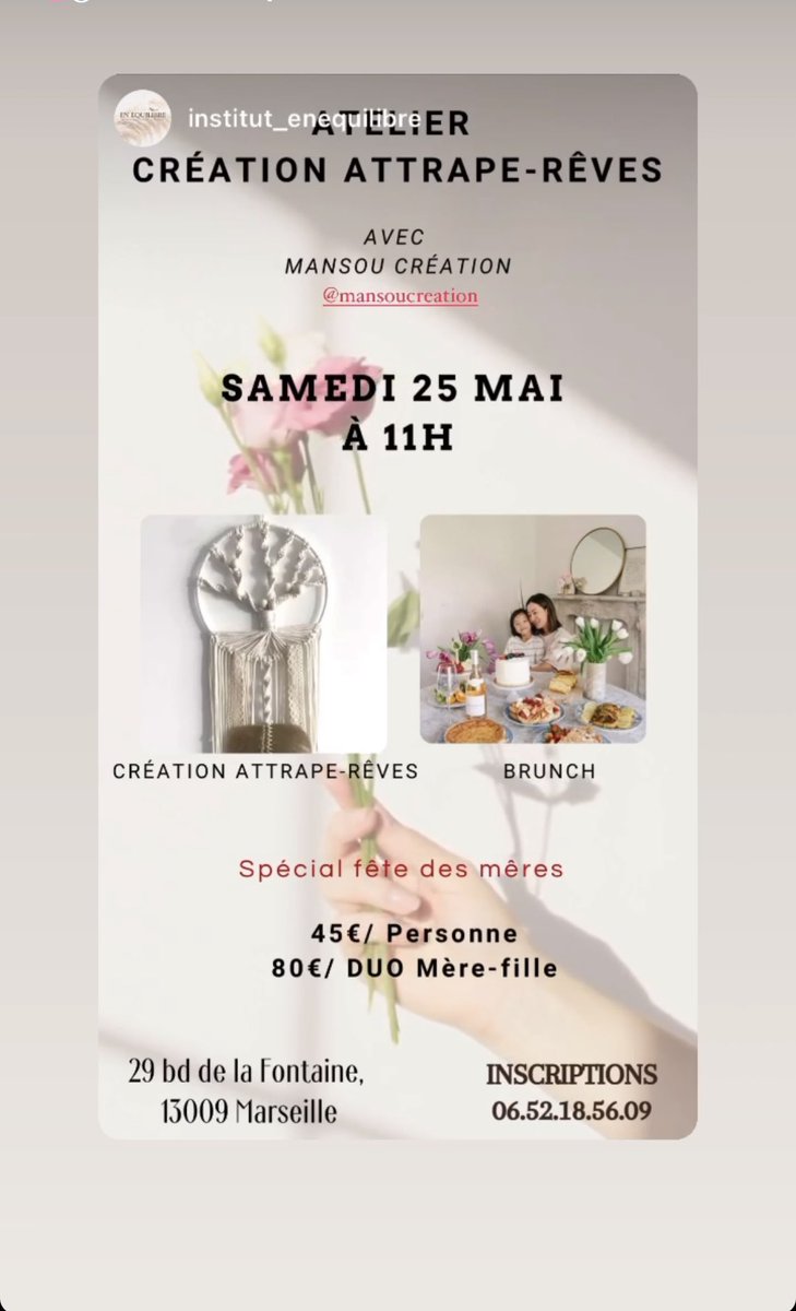 Bonjour à tous ☀️

Offrez-vous un moment privilégié en réservant un Atelier Créatif avec Brunch inclus 🏖️.

Pour réserver votre atelier ou obtenir plus d’information, je vous invite à me contacter au @mansoucreation au 0614258617
Ou à @institut_enequilibre au 0652185609.
#brunch