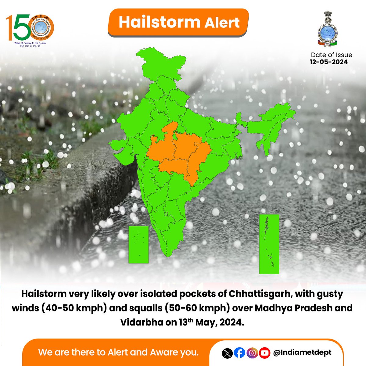 Hailstorm very likely over isolated pockets of Chhattisgarh, with gusty winds (40-50 kmph) and squalls (50-60 kmph) over Madhya Pradesh and Vidarbha on 13th May, 2024.

#hailstormalert #weatherupdate #hailstorm

@moesgoi @DDNewslive @ndmaindia @airnewsalerts