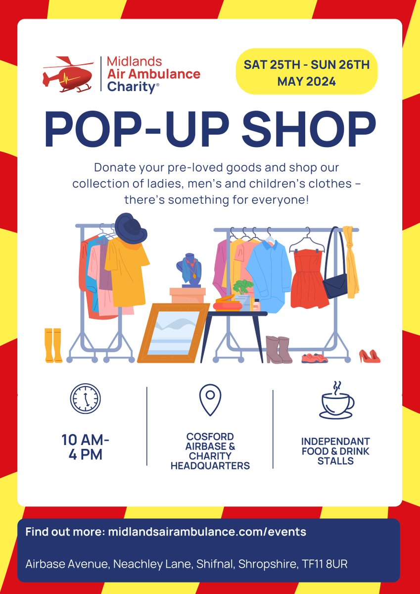 🛍️ Are you ready to indulge in guilt-free shopping and contribute to a sustainable future? We're excited to invite you to our Pop-Up Charity Shop! 📅May 25th-26th 📍 Midlands Air Ambulance Charity, Airbase Avenue, Neachley, Shifnal, TF11 8UR 🕒 10:00am - 4:00pm