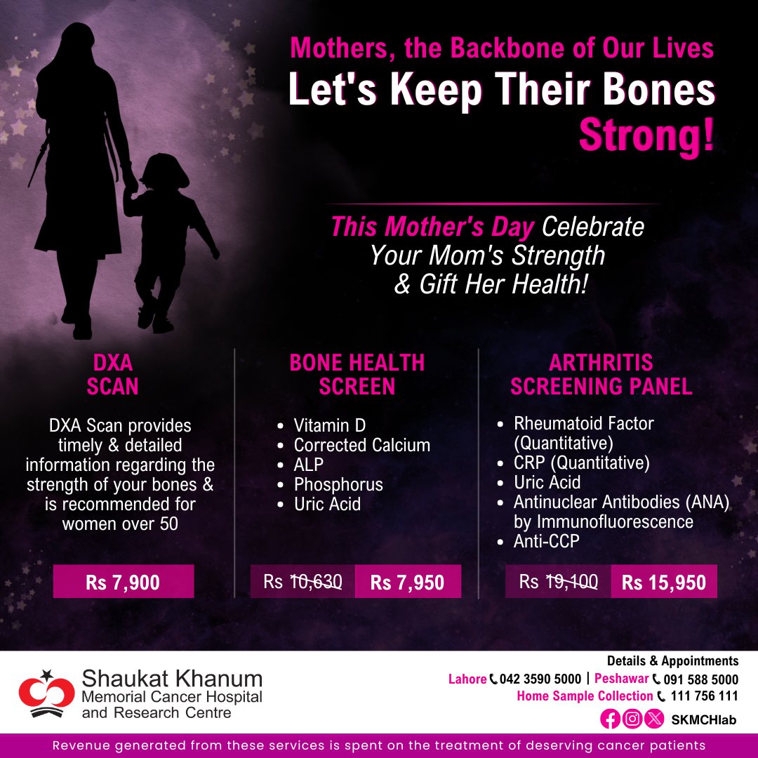 Give the gift of health this Mother's Day! Prioritise your mother's well-being with bone health tests and celebrate her strength and resilience. Because when we prioritise her health, we honour mother's love and sacrifices. #MothersDay #HealthForMom #SKMCHlab #SKMCH