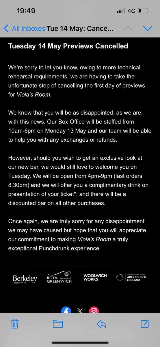 #Punchdrunk cancels first day of previews for #ViolasRoom. #immersive