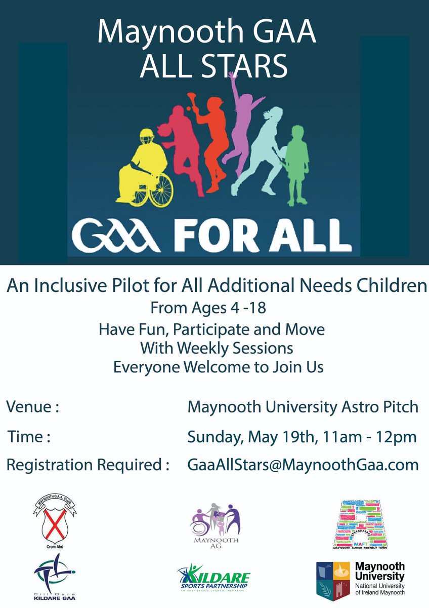 We are delighted to announce the start of our ‘All Stars GAA for All’ sessions starting from next Sunday May 19th at the Maynooth University Gaa Astro. A reminder that registration is required with the email in the infographic!!