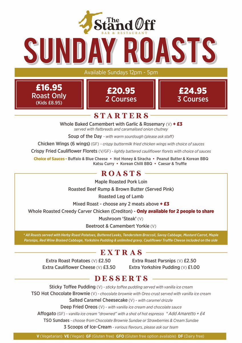Don’t forget we have our new 2 & 3 Course Sunday Lunch Offer starting today at The Stand Off. Check out the delicious meats on offer! Book your table now by visiting our website or calling 01392982159. #fooddoneright #sundayroasts