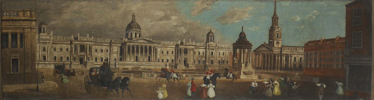In the week where the @nationalgallery celebrates its 200th birthday, we're enjoying a 189-year-old view of Trafalgar Square, featuring the Gallery itself... 🎨 Thomas Waters, oil on canvas, c.1835 #PaintingLondon