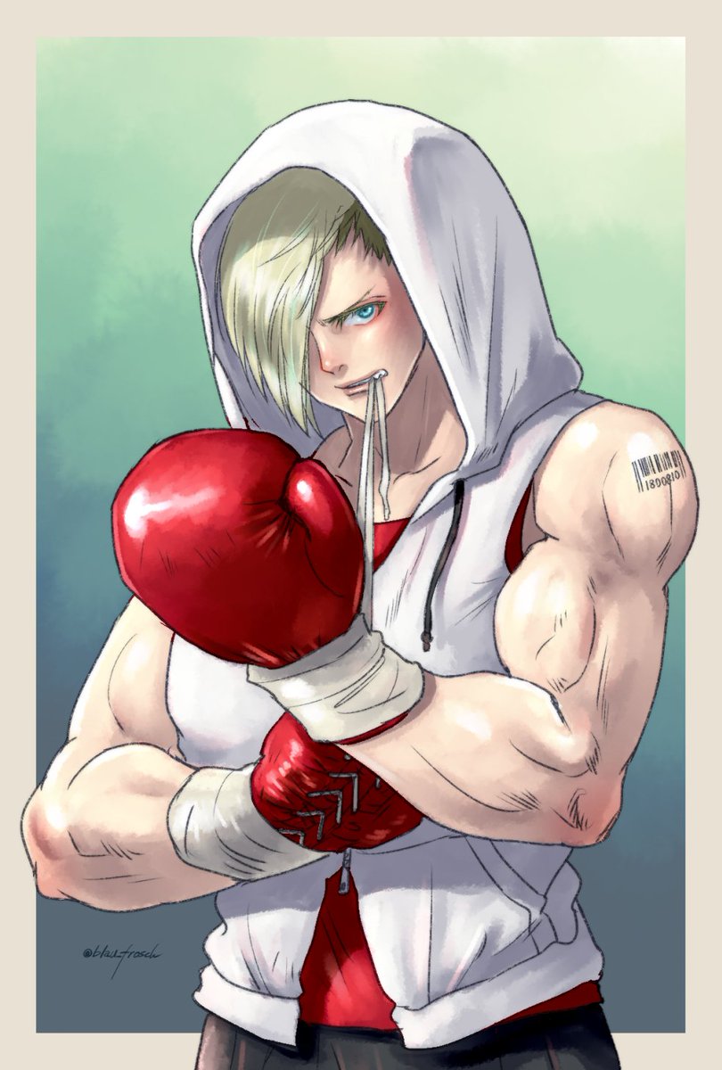 solo blue eyes blonde hair 1boy male focus sleeveless hood  illustration images