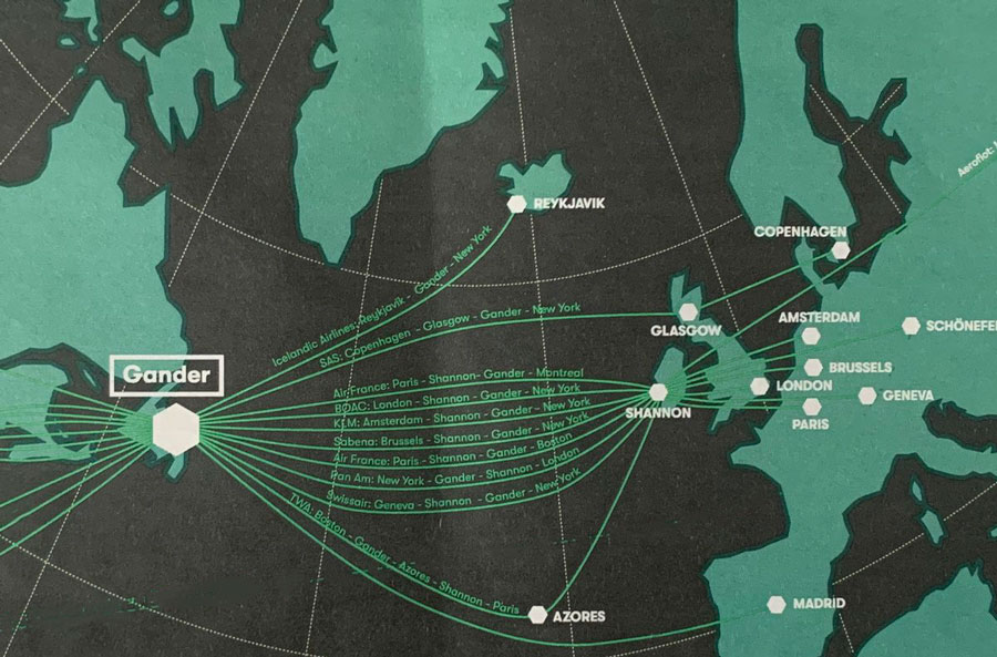 During the 1940s & 50s, flights flying between North America & Europe, because of aircraft's short fuel range in this era, had to use Gander airport for refueling. Here is a map depicting those air routes provided to us by directionoftravel.com