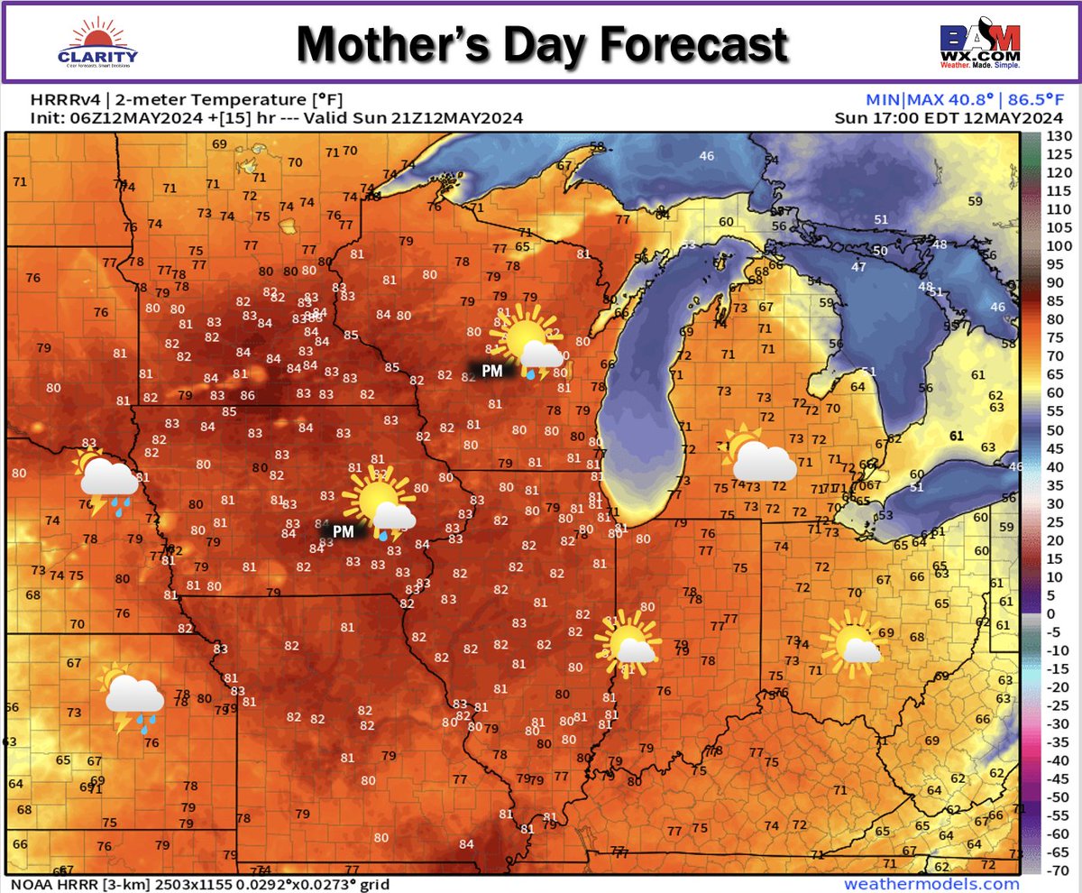 Happy Mother's Day everyone! Be sure to give mom some extra love today on her special day! OH Valley looking rain free for today with some afternoon scattered showers/storms entering IA and WI. Temperatures pleasant in the 70s to low 80s! #mothersDay #temps #ILwx #INwx #OHwx