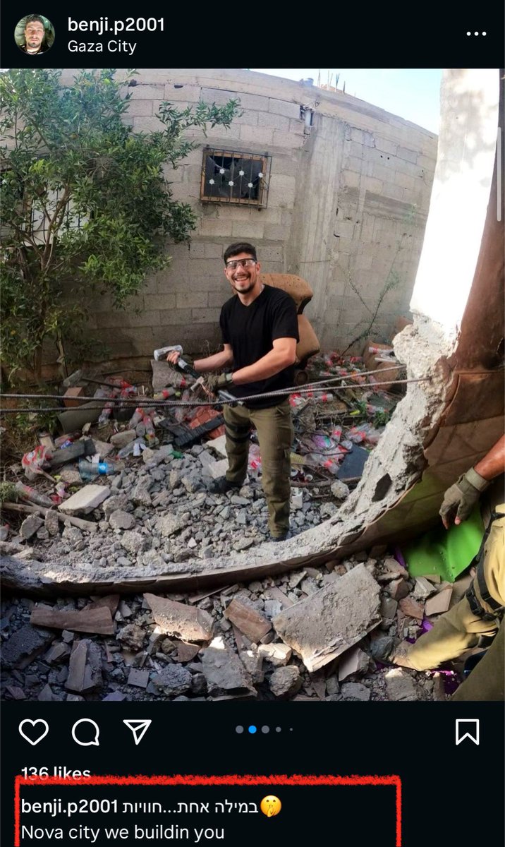 @TalulaSha Another Israeli soldier destroying a house in Gaza and in the capition: “Nova City we building you” in reference to build an Israeli settlement on the ruins of Gaza ->>