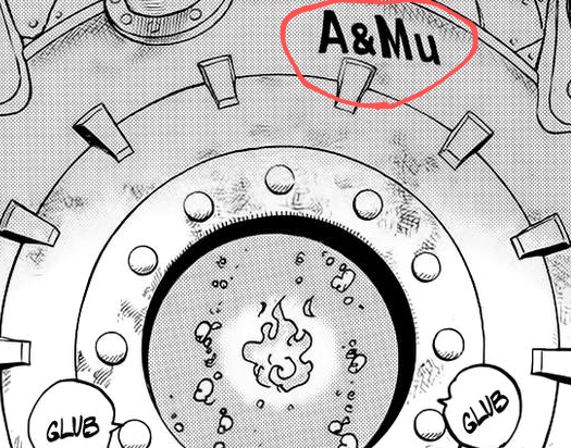 The letters A&MU are stamped on the machine. Considering that *&* is pronounced “to と” in Japanese, the letters can be pronounced ATOMU アトム, meaning atom. Ancient weapons seem to be based on nuclear weapons.☀ #ONEPIECE1114