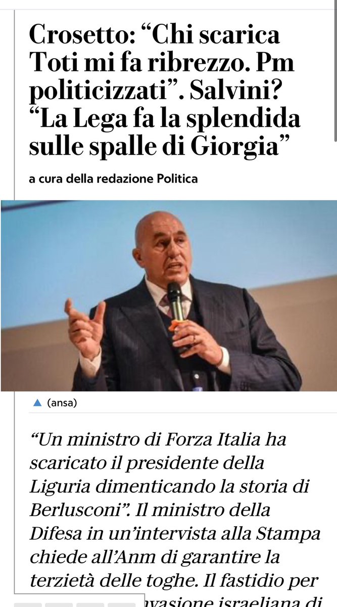 Il ribrezzo di crosetto, quello che l’altroieri aveva dubbi sull’arresto di toti, ieri era sicuro che toti è innocente e oggi ha trovato i veri colpevoli: i giudici comunisti! Perché lui è quello intelligente e sèrio.