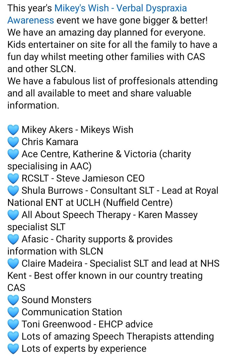 @MikeysWish_VDA event this year is in Manchester 😀💙 join us Saturday 1st June. Tickets still available 💙
Help us keep raising awareness of #CAS and other #SLCN 
Anyone who would like to help the event we are in need of raffle prizes 💙 #SLT #CAS #SALT #investinSLT #SSD