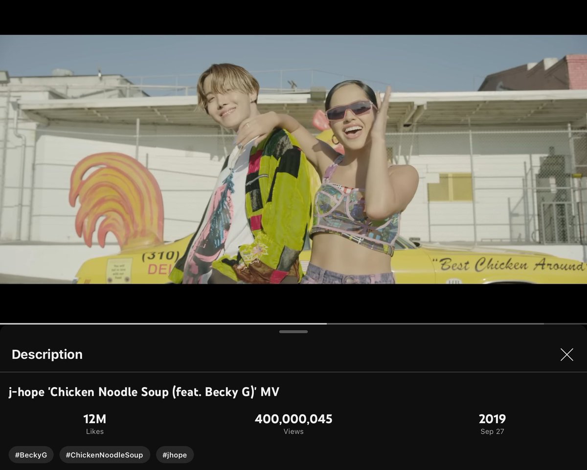 .@BTS_twt #jhope ‘Chicken Noodle Soup (feat. Becky G)’ MV มียอดวิวทะลุ 400 ล้านแล้วบน YouTube

สร้างสถิติมิวสิกวิดีโอแรกของเจโฮปที่สามารถทำได้ในฐานะศิลปินเดี่ยว