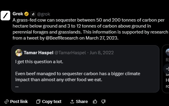 It takes an estimated 15 grass fed cows to offset the CO2 emissions caused by Taylor Swift's 2 jets in 2023.

@BeefResearch says 1 GFC can sequester 50-200 tons of carbon. Swift's jets flew 178,000 miles, emitting 1.2 tons of CO2.

Eat more beef, not less, to save the planet.