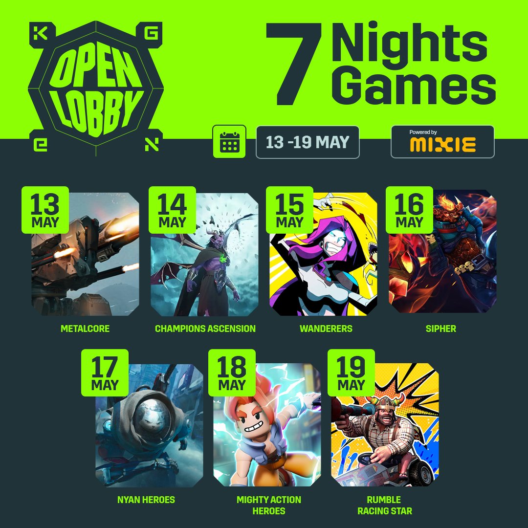 Introducing OPEN LOBBY

KGeN's virtual arena where competition is fierce, but the doors are open for gamers of any skill to join the fun.

7 Days, 7 Game Nights,
Finite Rewards but Infinite Memories
Powered by <a href="/Mixieai/">Mixie AI</a>
Hosted on <a href="/KGeN_Community/">KGeN Community</a> Discord + X

Check below for Juicy