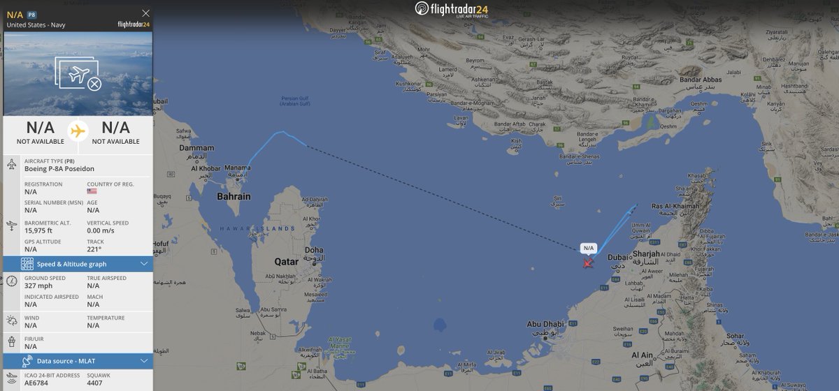 #USNavy P-8A poseidon seen on the flight radar, aircraft over the persian gulf, looks to currently be completing flights off the coast of dubai uae, not far from the strait of hormuz. #AE6784