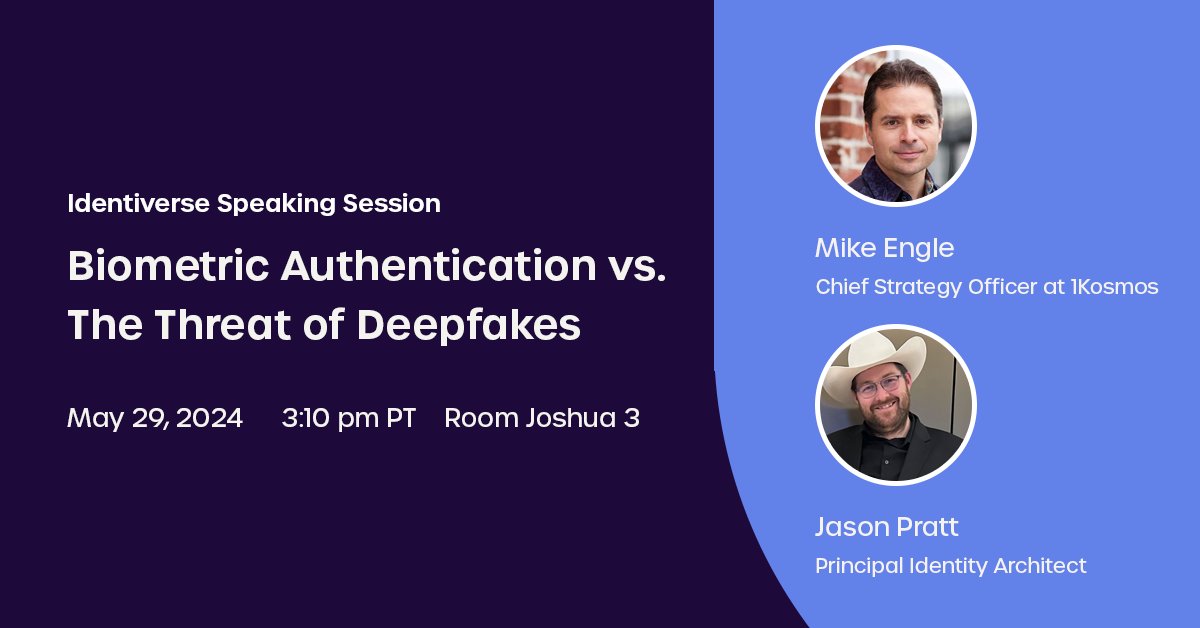 If you're attending Identiverse this year, don't miss 1Kosmos' session on Biometric Authentication vs the Threat of Deepfakes featuring Michael Engle and Jason Pratt! Learn more and book a time to meet with Mike here: 1kosmos.com/event/identive… #Identiverse #Identiverse2024