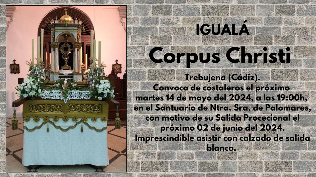 🗓 Martes 14 de mayo del 2024. 📍 Trebujena (Cádiz). ⏰ 19:00h. Igualá de Costaleros del Corpus Christi, con motivo de su Salida Procecional el próximo 02 de junio del 2024.