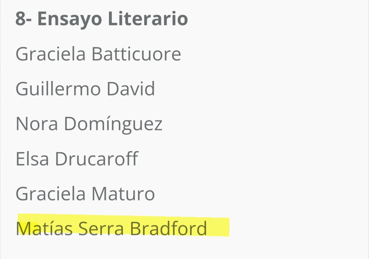 💥 ¡Qué alegría! Matías Serra Bradford distinguido en los prestigiosos #PremiosKonex de Letras, de la @FundacionKonex, en la categoría de Ensayo literario. ¡Más que merecido! 👏👏👏