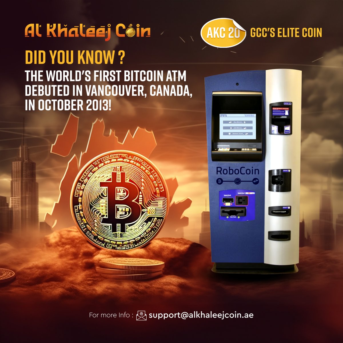Fun Fact Alert! Did you know? The world's first Bitcoin ATM made its debut in Vancouver, Canada, back in October 2013! 🚀💰 #Bitcoin #CryptoHistory #Vancouver #akc #alkhaleejcoin #gcccoin #elitecoin