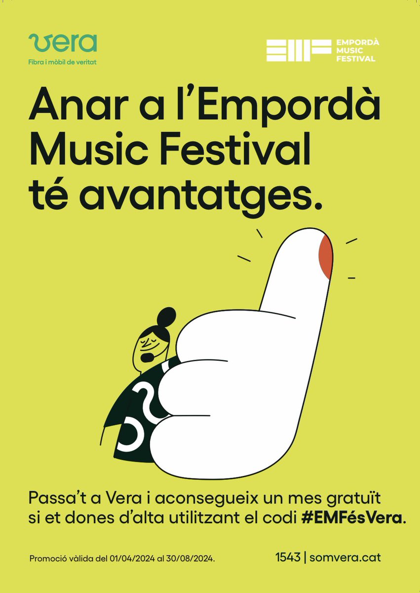 ⭐️🚀 OFERTA EXCLUSIVA🚀⭐️
Us fem saber que l’operador calatà *VERA* serà el patrocinador tecnològic de l’*EMPORDA MUSIC FESTIVAL 2024*

Per celebrar-ho han activat una *promoció especial* per a tots els assistents del festival. *alta i un mes gratuït* amb el codi *#EMFESVERA*